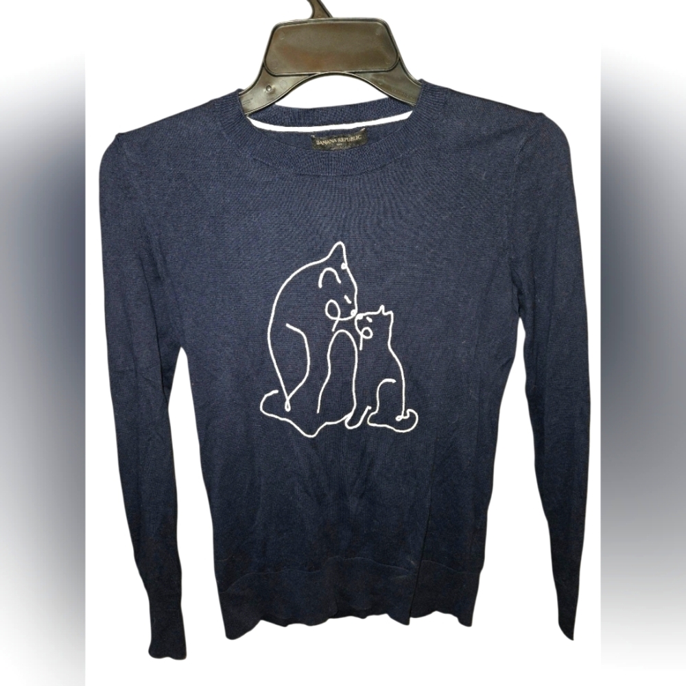 Banana Republic Black Navy Crew Neck  Sweater with Cat Design